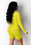 Yellow Sexy Hollow Out Long Sleeve Zip Front Bodycon Rompers