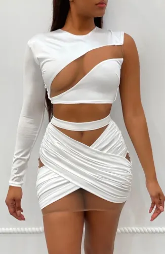 Sexy Mesh Insert Single Sleeve Crop Top and Mini Skirt Set