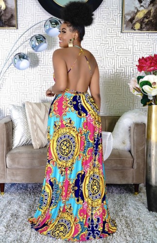 Tribal Print Halter Open Back Maxi Dress