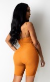 Sexy Orange Lace Up Bodycon Ribbed Cami Rompers