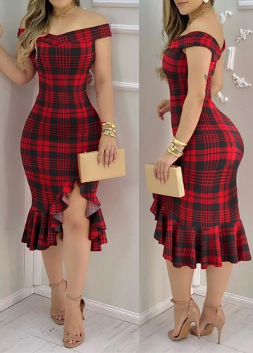 Red Plaid Off Shoulder Ruffle Cocktail Dress
