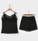 Black Lace Trim Cami Top and Shorts Pajama Set