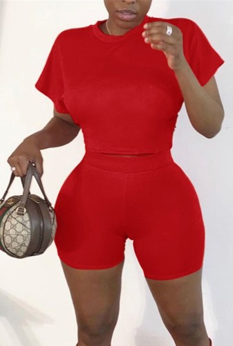 Red Sexy Crop Top and Biker Shorts Two Piece Outfits