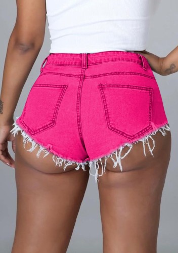 Pink Lace-Up Fringe Denim Shorts