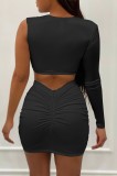 Sexy Mesh Insert Single Sleeve Crop Top and Mini Skirt Set