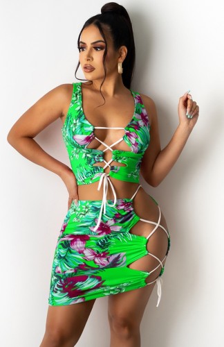 Sexy Two Piece Floral Green Lace Up Crop Top and Skirt Set