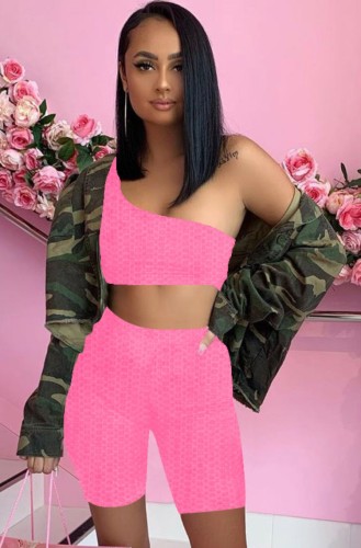 Pink Textured Sexy One Shoulder Crop Top and Shorts Set
