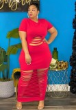 Plus Size Red Ripped Casual Maxi Dress