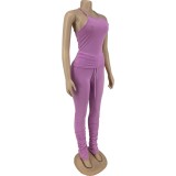 Hot Sale Casual Purple Halter Tank Top and Stacked Pants Set