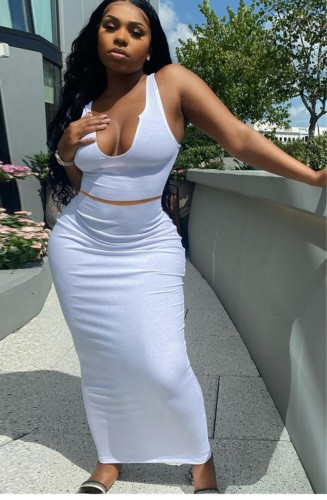 Sexy White Ribbed Tank Crop Top and Pencil Skirt Set