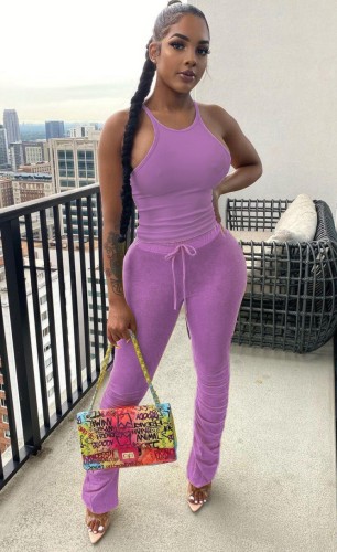 Hot Sale Casual Purple Halter Tank Top and Stacked Pants Set