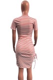 O-Neck Pink Stripes Ruched Drawstring T-Shirt Dress