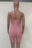 Sexy Pink Lace Up Bodycon Ribbed Cami Rompers
