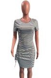 O-Neck Grey Stripes Ruched Drawstring T-Shirt Dress