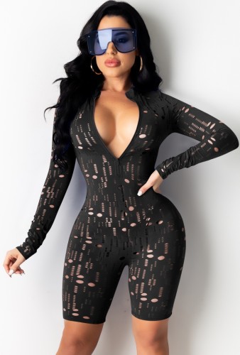Black Sexy Hollow Out Long Sleeve Zip Front Bodycon Rompers