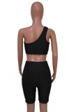 Black Textured Sexy One Shoulder Crop Top and Shorts Set