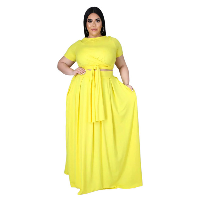 Plus Size Yellow Wrap Around Crop Top and Long Skirt Set