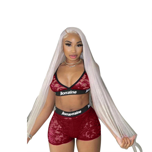 Transparent Red Mesh Letter Print Two Piece Bra and Shorts Set
