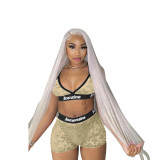 Gray Transparent Mesh Letter Print Two Piece Bra and Shorts Set
