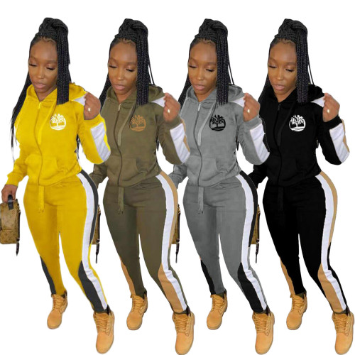 Print Yellow Contrast Zipper Hooded Tracksuit