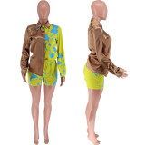 Constrast Print Blouse and Shorts Two Piece Outfits