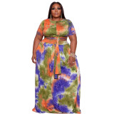 Plus Size Matching Two Piece Tie Dye Crop Top and Long Skirt Set
