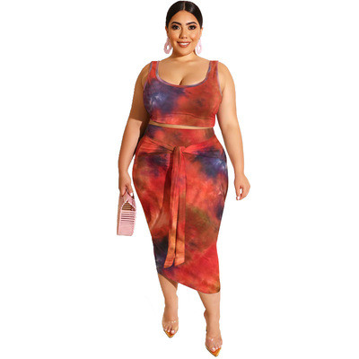 Summer Tie Dye Plus Size Two Piece Skirt Matching Set