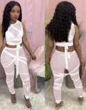 White Mesh See Through Sexy Bodycon Crop Top and Pants Set