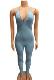 Blue V Neck Sexy Ribbed Halter Bodycon Jumpsuit