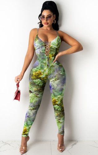 Floral Green Lace-Up Sexy Cami Bodycon Jumpsuit