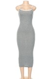 Grey Elegant Sexy Ribbed Slinky Cami Midi Dress