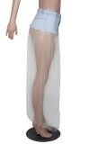 Mesh Patchwork Sexy Beaded Long Denim Skirt