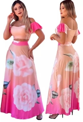 Romantic Floral Pink Crop Top and Long Skirt Set