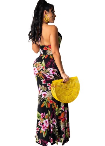 Sexy Lace-Up Floral Halter Low Back Maxi Dress