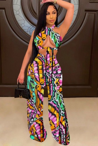 Sexy Colorful Halter Cross Neck Crop Top and High Waist Pants Set
