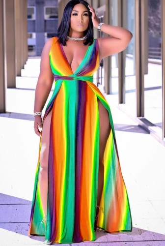 Plus Size Plunge Side Slit Sleeveless Sexy Rainbow Long Dress