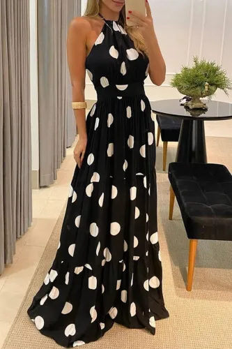 Black Polka Halter Long Maxi Dress