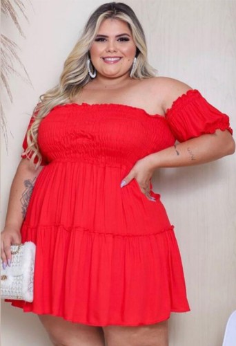 Plus Size Red Off Shoulder High Waist Skater Dress