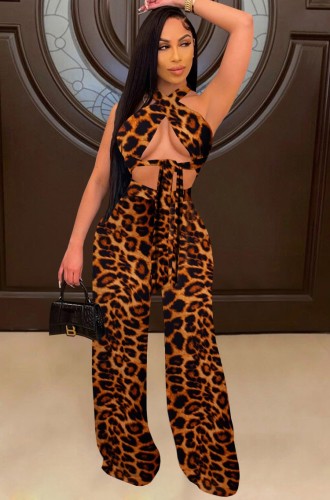 Sexy Leopard Halter Cross Neck Crop Top and High Waist Pants Set