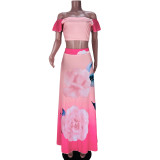 Romantic Floral Pink Crop Top and Long Skirt Set