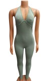 Green V Neck Sexy Ribbed Halter Bodycon Jumpsuit