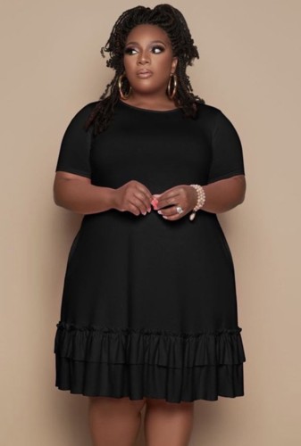 Plus Size Black Ruffle T-Shirt Dress with Pocket