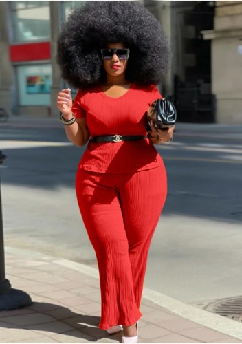 Plus Size Red V Neck Top and Pants 2PCS Set