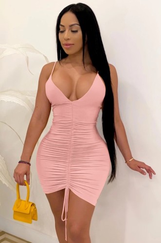 Sexy Halter Pink Ruched Bodycon Dress