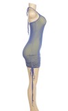 Blue Sexy Drawstring Halter Mini Bodycon Dress