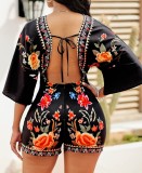 Print Black V-Neck Half Sleeve Rompers