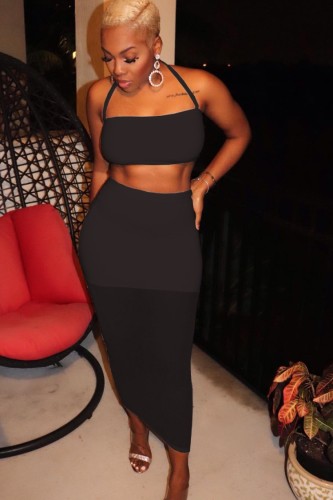 Black Sexy Halter Crop Top and Midi Skirt Set