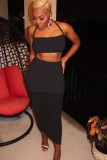 Black Sexy Halter Crop Top and Midi Skirt Set