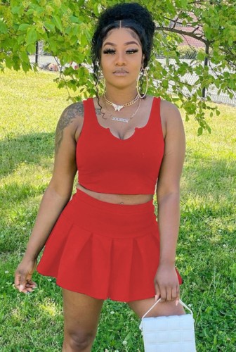 Casual Red Crop Top and Pleated Mini Skirt Two Piece Set