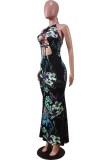 Sexy Lace-Up Floral Halter Low Back Maxi Dress